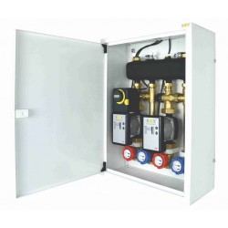 Układ 2 obiegów grzewczych w szafce - 1 obieg z zaworem obrotowym i siłownikiem i 1 z zaworem termostatycznym