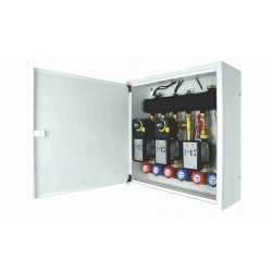 Układ 3 obiegów grzewczych w szafce - 2 obiegi z zaworami obrotowymi i siłownikami i 1 obieg bezpośredni