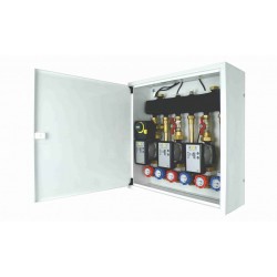 Układ 3 obiegów grzewczych w szafce - 1 obieg z zaworem obrotowym i siłownikiem i 2 obiegi bezpośrednie