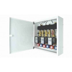 Układ 3 obiegów grzewczych w szafce - 2 obiegi z zaworami termostatycznymi i 1 obieg bezpośredni