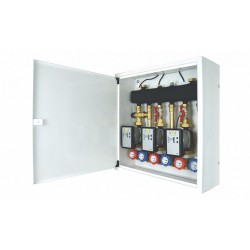 Układ 3 obiegów grzewczych w szafce - 1 obieg z zaworem termostatycznym i 2 obiegi bezpośrednie