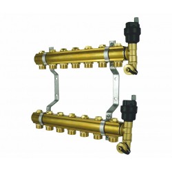 Rozdzielacz grzejnikowy mosiężny RZT z zaworami odcinającymi oraz zestawem odpowietrzająco spustowym