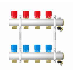Rozdzielacz grzejnikowy ze stali nierdzewnej z wkładkami odcinającymi ręcznymi i sekcją spustowo - odpowietrzającą