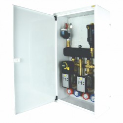 Układ 2 obiegów grzewczych + separatory w szafce - 1 obieg z zaworem obrotowym i siłownikiem i 1 z zaworem termostatycznym