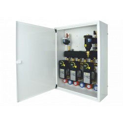 Układ 3 obiegów grzewczych + separatory w szafce - 3 obiegi z zaworami obrotowymi i siłownikami