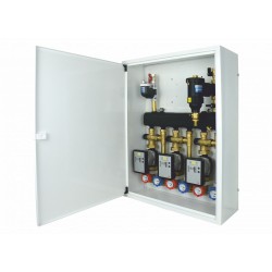 Układ 3 obiegów grzewczych + separatory w szafce - 3 obiegi z zaworami termostatycznymi
