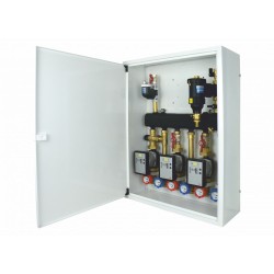 Układ 3 obiegów grzewczych + separatory w szafce - 1 obieg z zaworem termostatycznym i 2 obiegi bezpośrednie