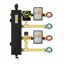 Układ ze sprzęgłem hydraulicznym DN25 - 1 obieg z zaworem obrotowym i siłownikiem, 1 obieg z zaworem termostatycznym